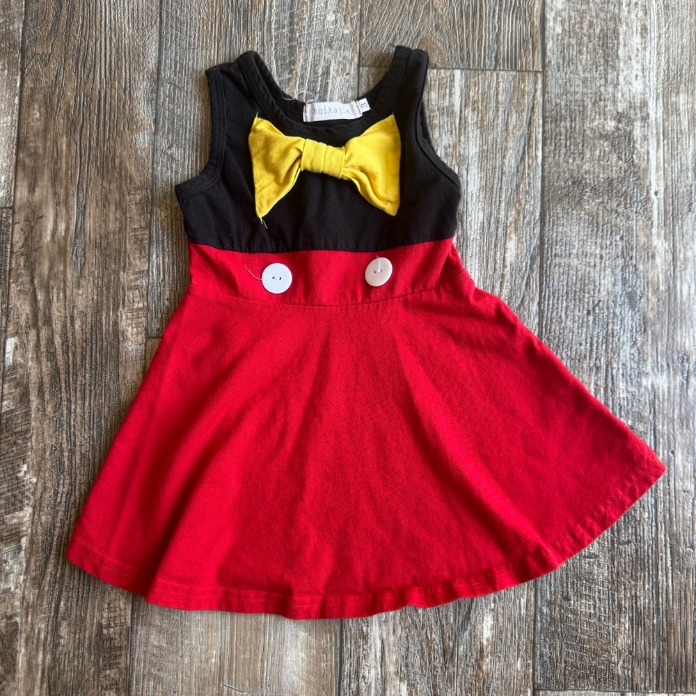 Disney Inspired 3T Dress - 95% Cotton - Red & Black with Yellow Bow - Mickey